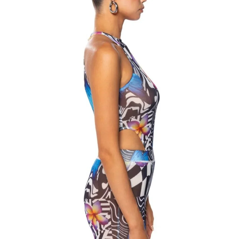 Stasia Land Flowers on the Board: Mesh Sleeveless Mock Neck Bodysuit M L - Picture 5 of 6